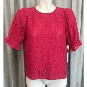 1State Women's Lace Ruffle Puff Sleeve Top Wineberry Pink Size Medium NWT